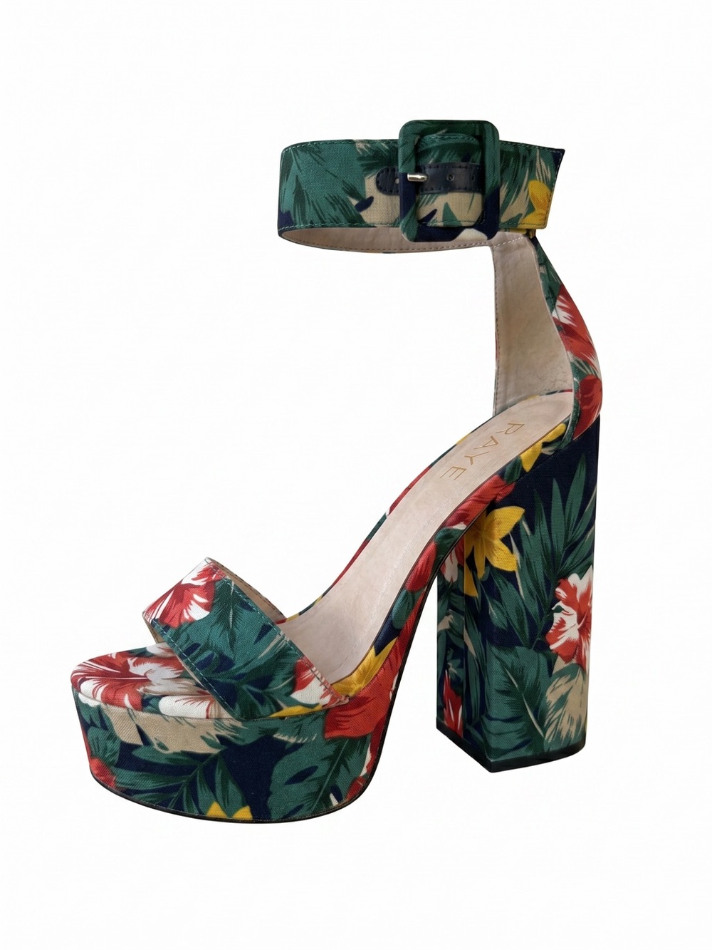 RAYE - Navy Vibrant Tropical Hibiscus Platform Sandals. Size 8